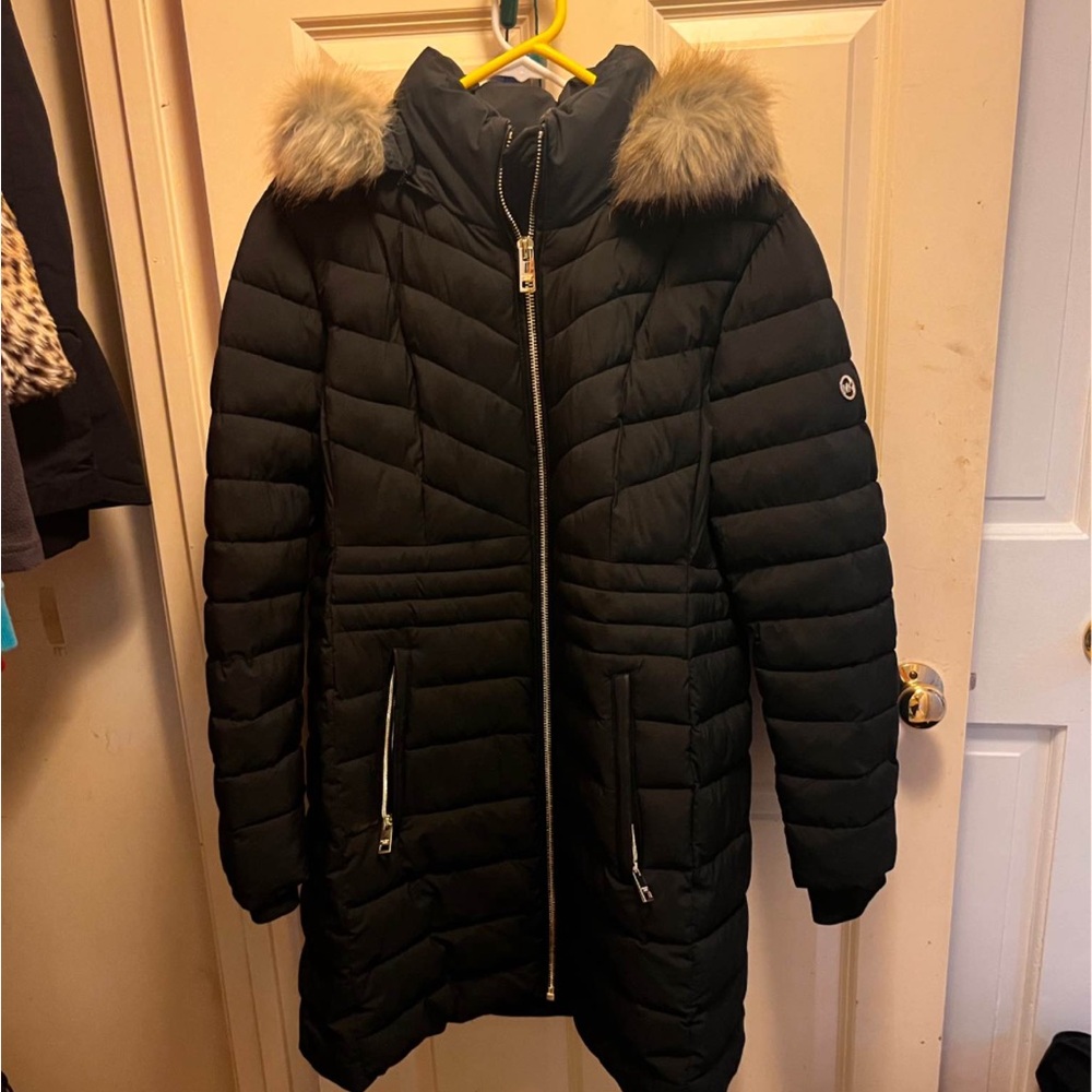 Women's, Michael Kors Black Puffer Coat with Faux Fur Hood removable